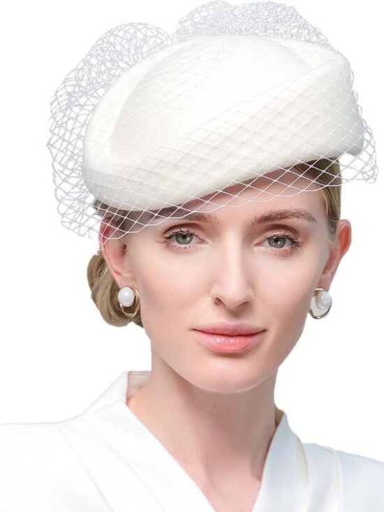 Women\'s Elegant Church Fedoras Wool Felt Vintage Beret Wedding Veil Cap White